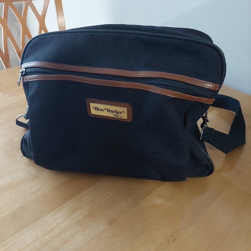 Vintage Bon Voyage Paris Carry On Travel/Luggage Bag- Black with Brown Trim